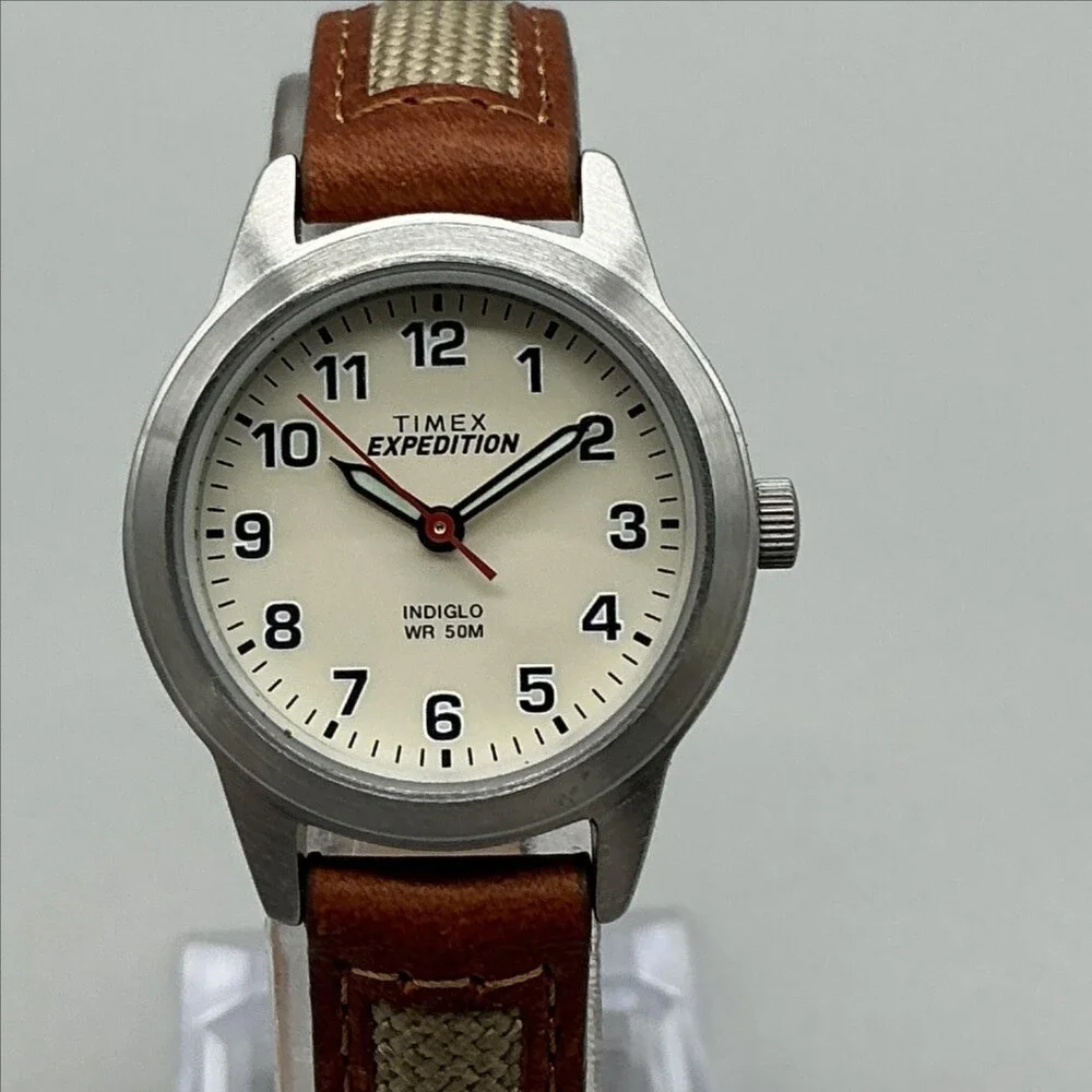 Timex Expedition Indiglo Womens Watch 26mm Cream Dial Brown Leather New Battery